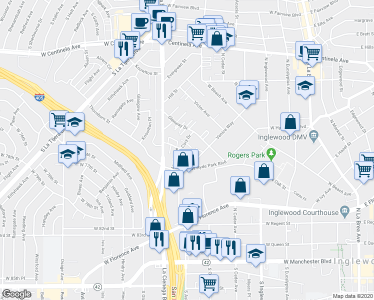 map of restaurants, bars, coffee shops, grocery stores, and more near 741 Venice Way in Inglewood
