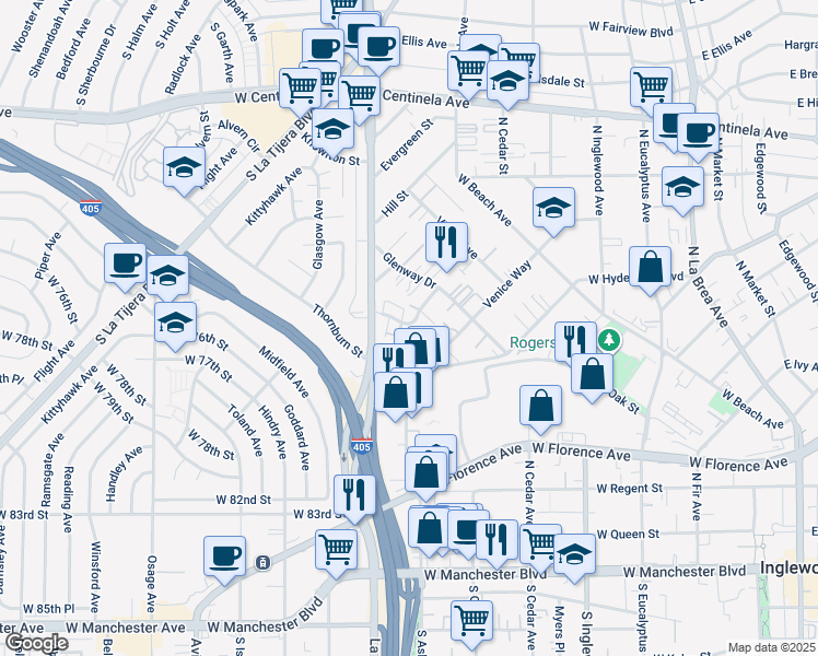 map of restaurants, bars, coffee shops, grocery stores, and more near 741 Venice Way in Inglewood