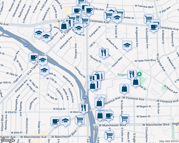map of restaurants, bars, coffee shops, grocery stores, and more near in Los Angeles