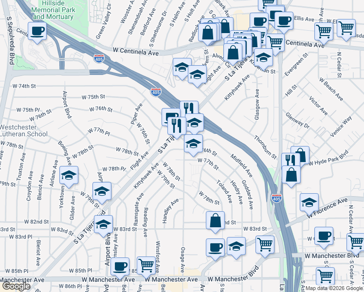 map of restaurants, bars, coffee shops, grocery stores, and more near 5556 West 76th Street in Los Angeles