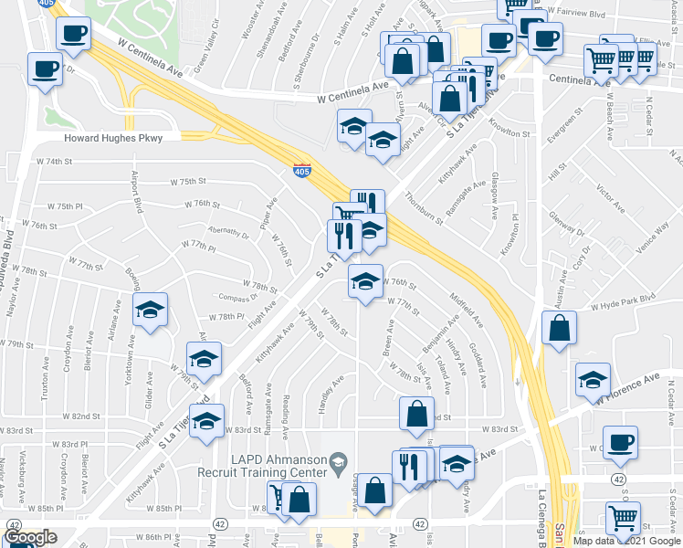 map of restaurants, bars, coffee shops, grocery stores, and more near 7638 Kittyhawk Avenue in Los Angeles