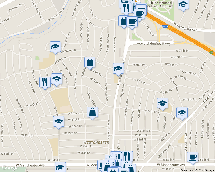 map of restaurants, bars, coffee shops, grocery stores, and more near 6304 West 79th Street in Los Angeles