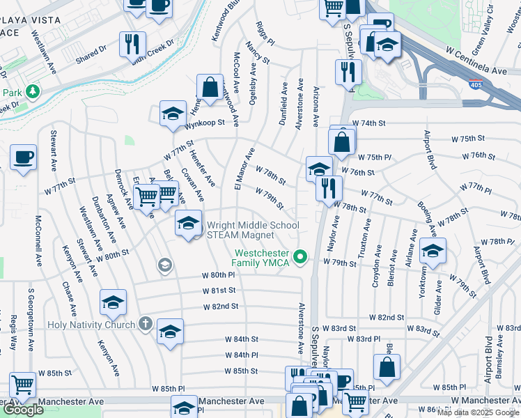 map of restaurants, bars, coffee shops, grocery stores, and more near 6384 West 80th Street in Los Angeles