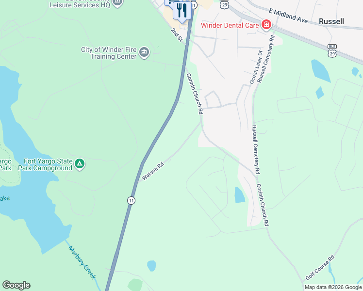map of restaurants, bars, coffee shops, grocery stores, and more near 50 Giles Road in Winder