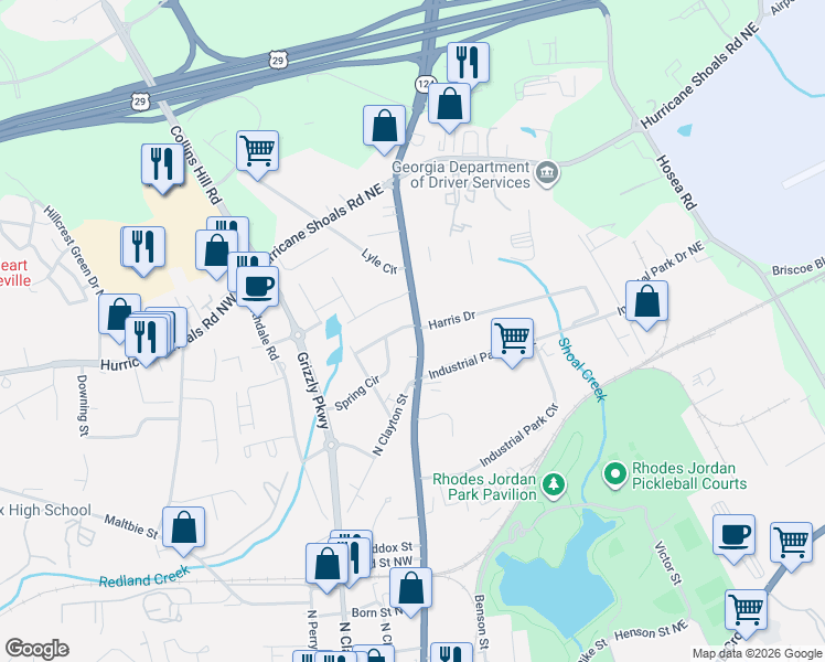 map of restaurants, bars, coffee shops, grocery stores, and more near 414 Georgia 20 in Lawrenceville