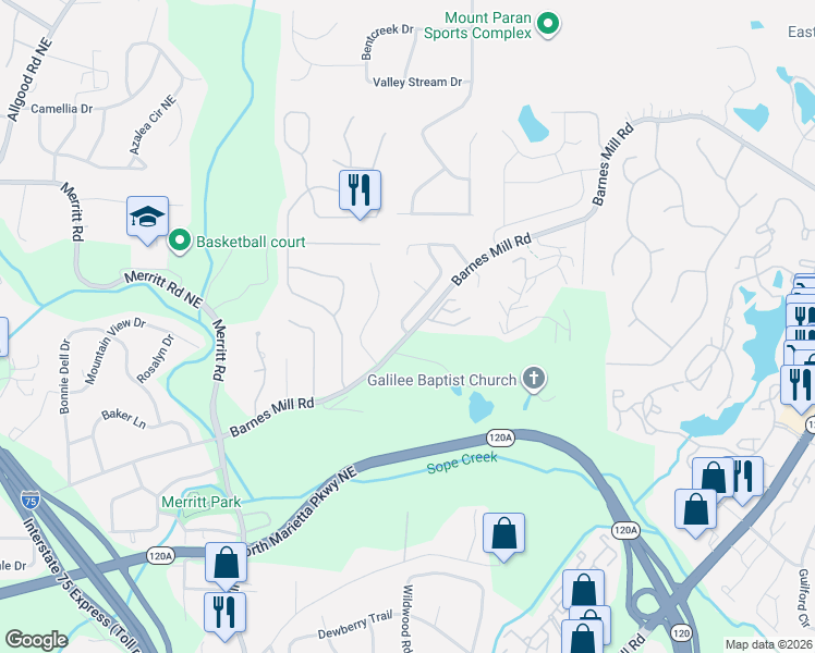 map of restaurants, bars, coffee shops, grocery stores, and more near 19 Brighton Crest Road in Marietta