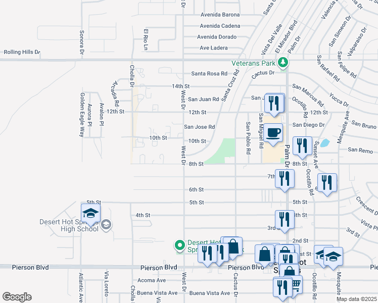 map of restaurants, bars, coffee shops, grocery stores, and more near 10981 Santa Cruz Road in Desert Hot Springs