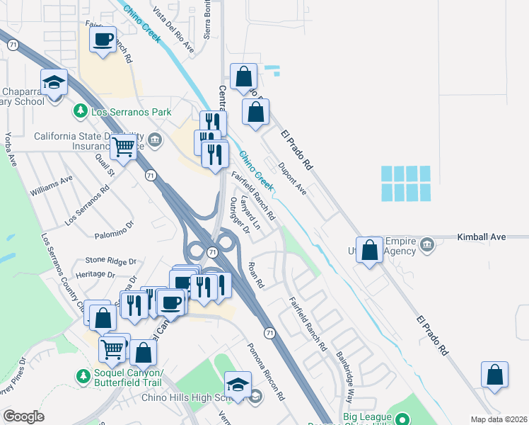 map of restaurants, bars, coffee shops, grocery stores, and more near 15597 Timberidge Lane in Chino Hills
