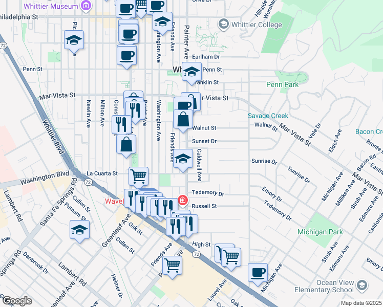 map of restaurants, bars, coffee shops, grocery stores, and more near 7912 Painter Avenue in Whittier