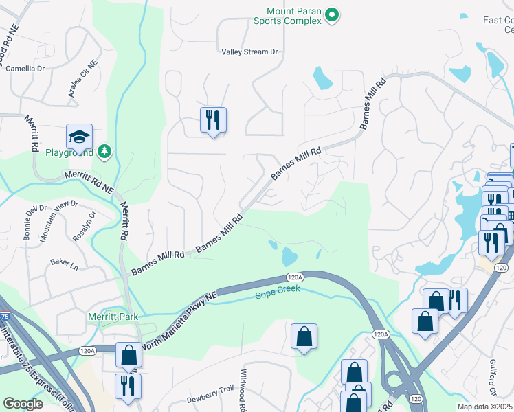 map of restaurants, bars, coffee shops, grocery stores, and more near 19 Brighton Crest Road in Marietta
