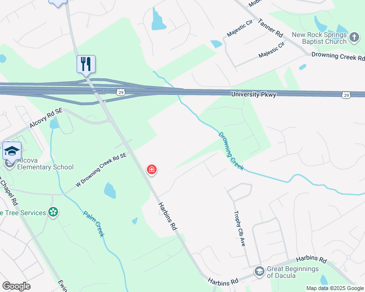map of restaurants, bars, coffee shops, grocery stores, and more near 2583 Davis Rock Drive in Dacula