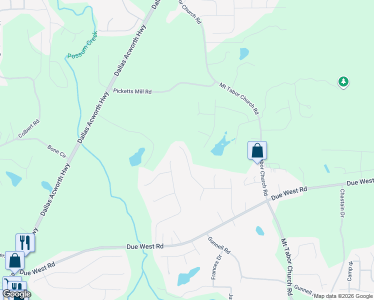 map of restaurants, bars, coffee shops, grocery stores, and more near 364 Due West Place in Dallas