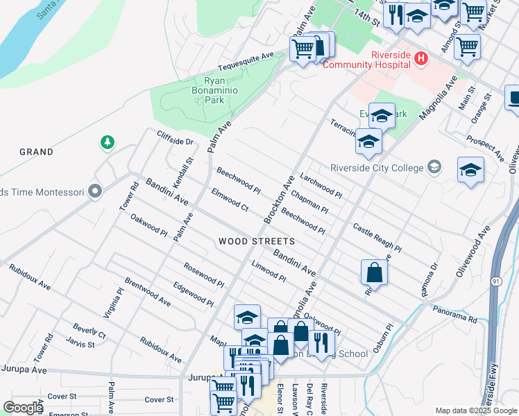 map of restaurants, bars, coffee shops, grocery stores, and more near 5291 Brockton Avenue in Riverside