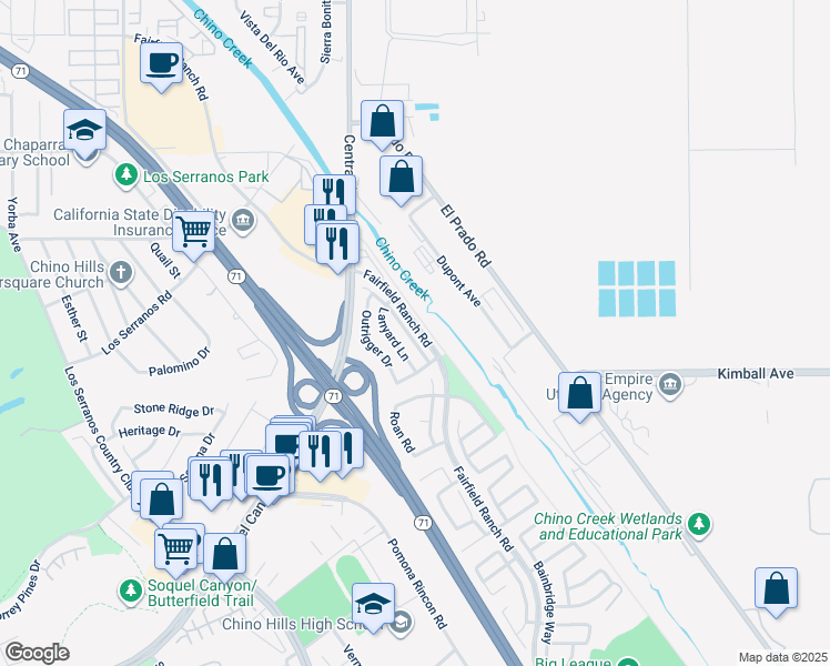 map of restaurants, bars, coffee shops, grocery stores, and more near 15597 Timberidge Lane in Chino Hills