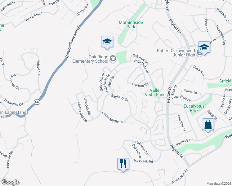 map of restaurants, bars, coffee shops, grocery stores, and more near 15572 Ficus Street in Chino Hills