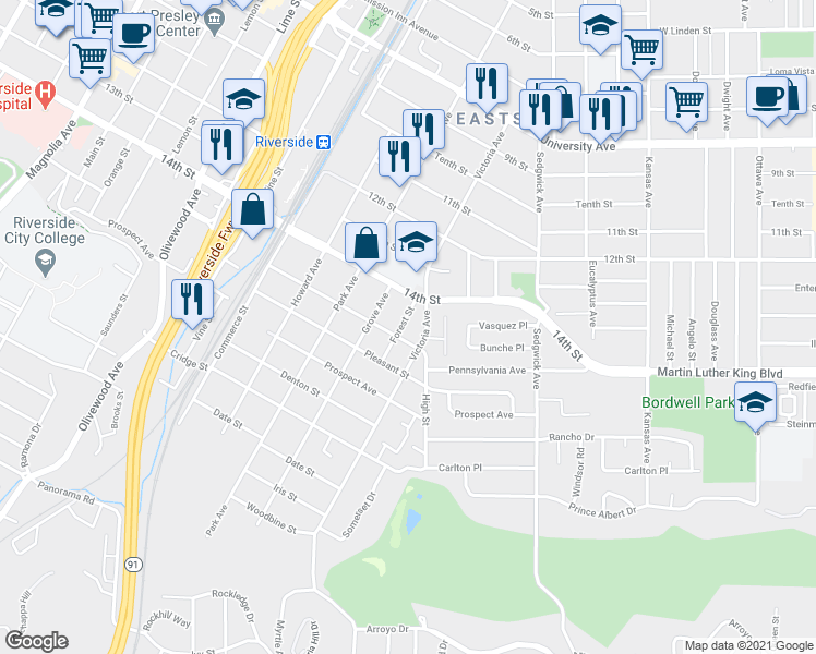 map of restaurants, bars, coffee shops, grocery stores, and more near 4472 Forest Street in Riverside