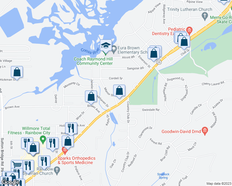map of restaurants, bars, coffee shops, grocery stores, and more near 102 Cordell Street in Gadsden