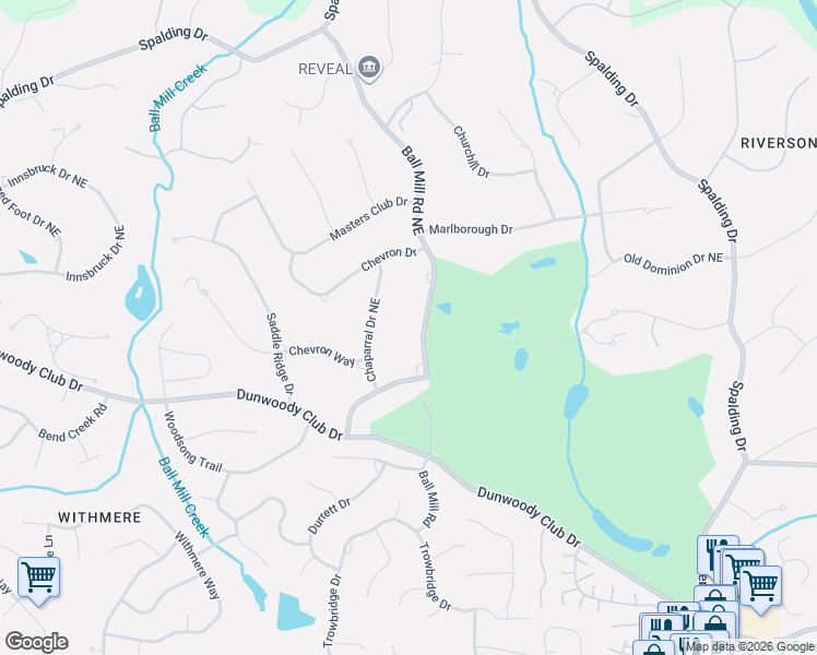 map of restaurants, bars, coffee shops, grocery stores, and more near 7535 Ball Mill Road Northeast in Sandy Springs