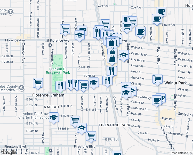 map of restaurants, bars, coffee shops, grocery stores, and more near 2034 East 77th Street in Los Angeles
