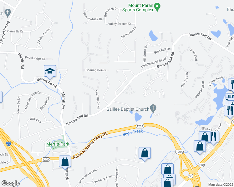 map of restaurants, bars, coffee shops, grocery stores, and more near 1650 Cedar Bluff Way in Marietta