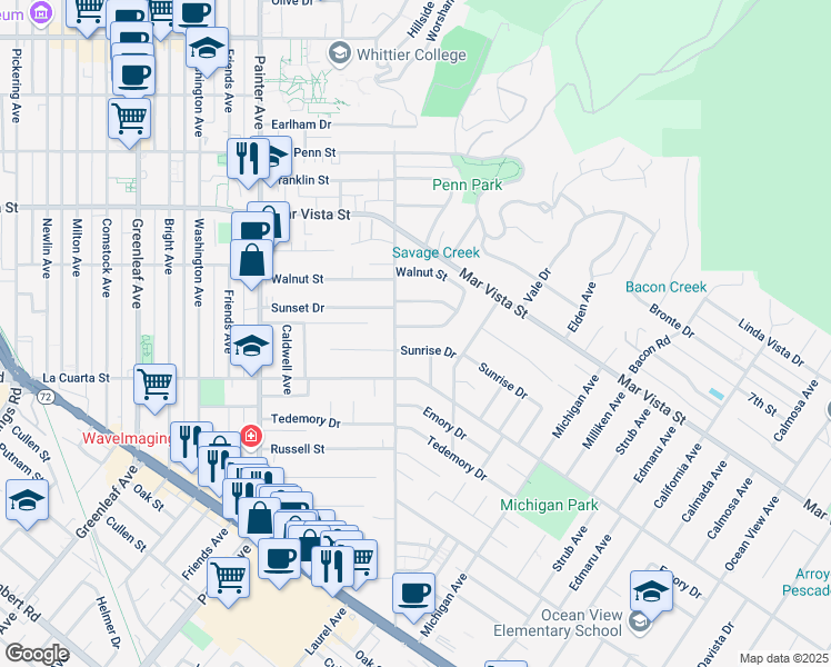 map of restaurants, bars, coffee shops, grocery stores, and more near 7930 Forest Avenue in Whittier