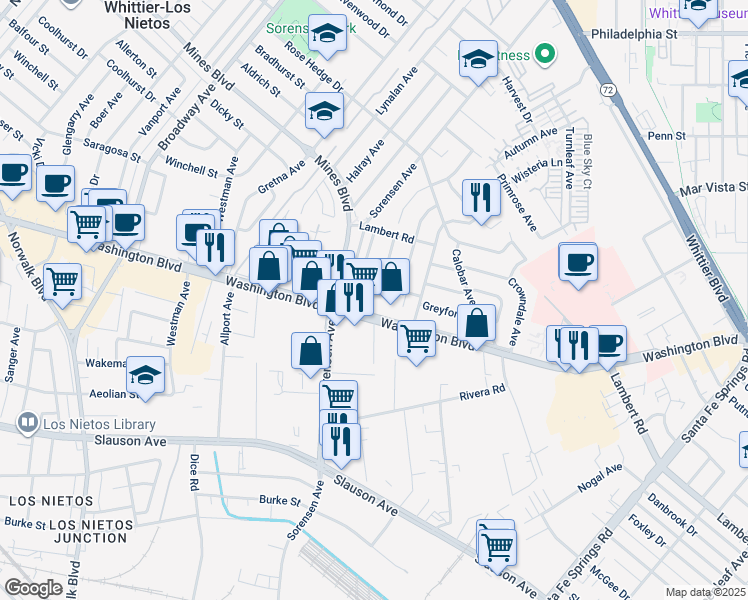 map of restaurants, bars, coffee shops, grocery stores, and more near 11919 Washington Boulevard in Whittier
