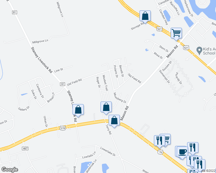 map of restaurants, bars, coffee shops, grocery stores, and more near 1715 Musket Trail in Sumter