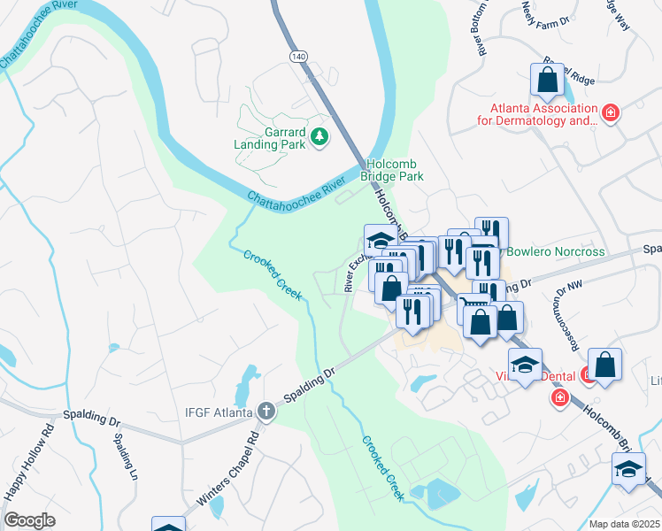 map of restaurants, bars, coffee shops, grocery stores, and more near 3100 River Exchange Drive in Norcross