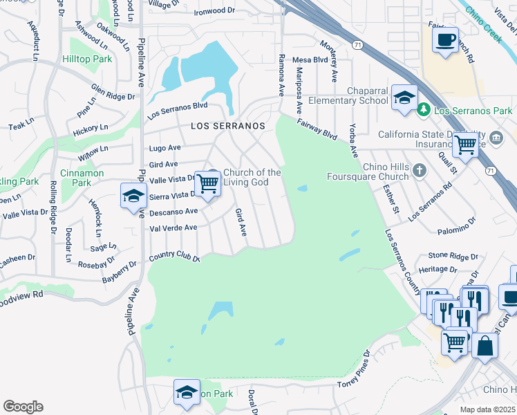 map of restaurants, bars, coffee shops, grocery stores, and more near 4449 Lugo Avenue in Chino Hills