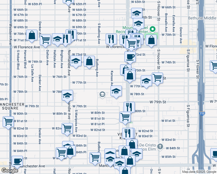 map of restaurants, bars, coffee shops, grocery stores, and more near 1113 West 78th Street in Los Angeles