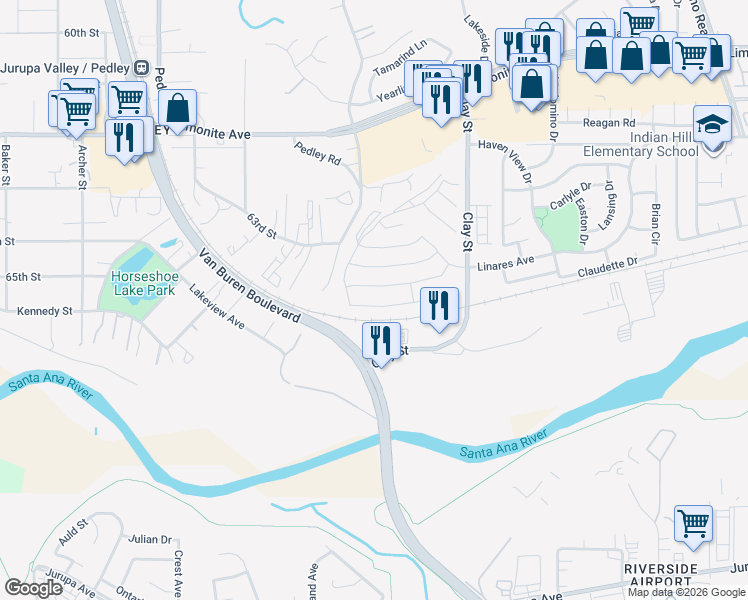 map of restaurants, bars, coffee shops, grocery stores, and more near 8491 Peachwillow Court in Jurupa Valley