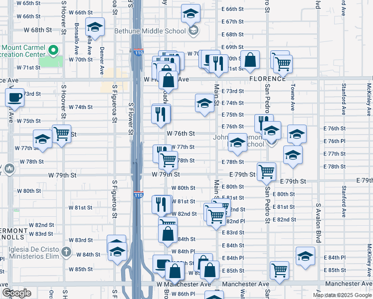 map of restaurants, bars, coffee shops, grocery stores, and more near 211 West 78th Street in Los Angeles
