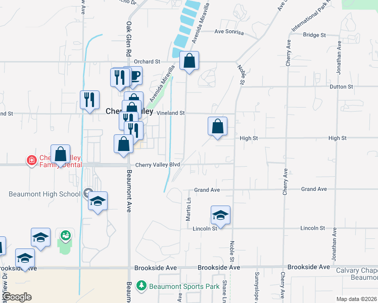 map of restaurants, bars, coffee shops, grocery stores, and more near 10426 Live Oak Avenue in Cherry Valley