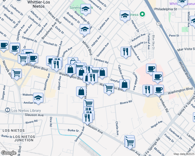 map of restaurants, bars, coffee shops, grocery stores, and more near 11841 Washington Boulevard in Whittier