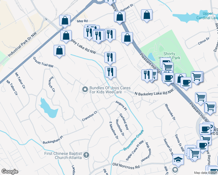 map of restaurants, bars, coffee shops, grocery stores, and more near 2620 North Berkeley Lake Road Northwest in Duluth