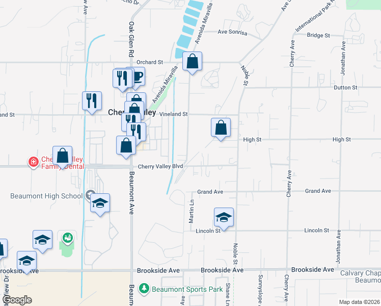 map of restaurants, bars, coffee shops, grocery stores, and more near 10426 Live Oak Avenue in Cherry Valley
