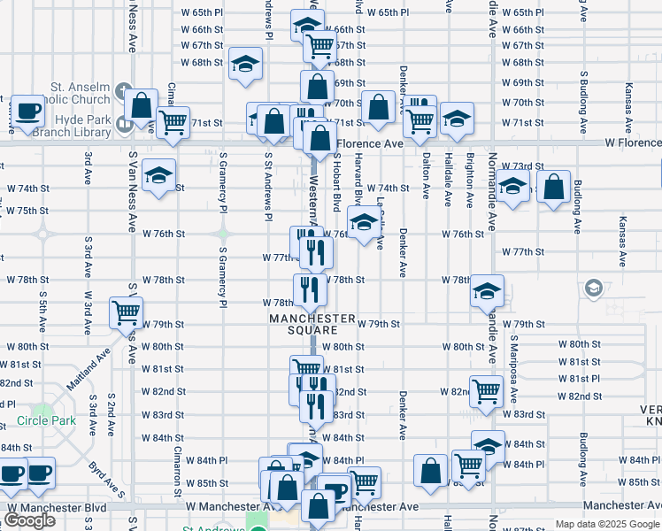 map of restaurants, bars, coffee shops, grocery stores, and more near 7803 South Hobart Boulevard in Los Angeles