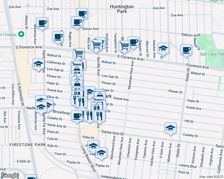 map of restaurants, bars, coffee shops, grocery stores, and more near 2737 Grand Avenue in Huntington Park