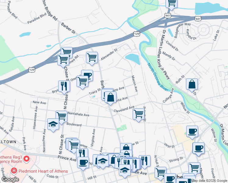map of restaurants, bars, coffee shops, grocery stores, and more near 240 Savannah Avenue in Athens