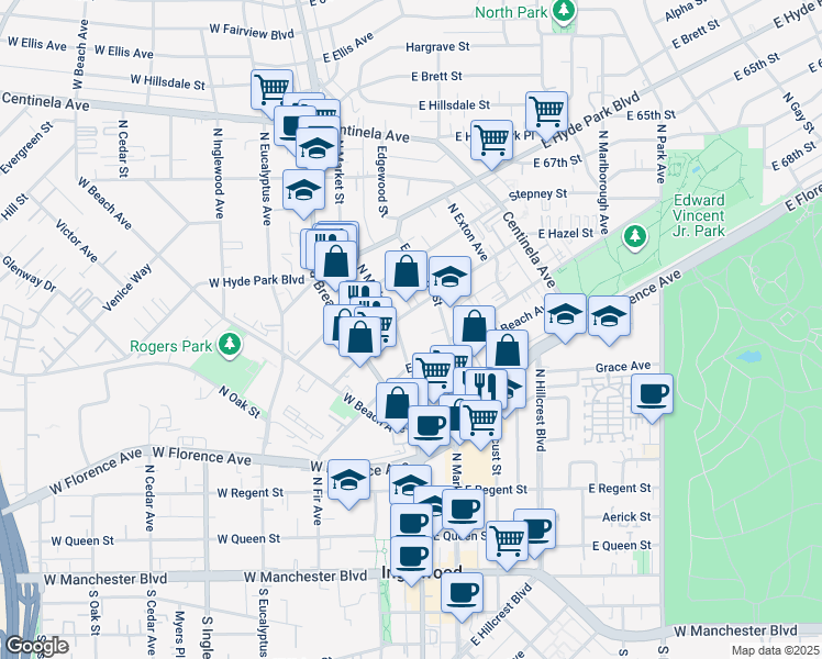 map of restaurants, bars, coffee shops, grocery stores, and more near 421 North Market Street in Inglewood