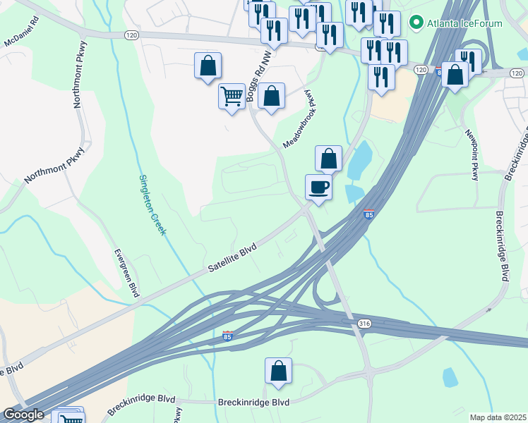 map of restaurants, bars, coffee shops, grocery stores, and more near 2651 Satellite Boulevard in Duluth