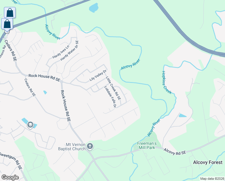 map of restaurants, bars, coffee shops, grocery stores, and more near 365 Little Creek Road Southeast in Lawrenceville