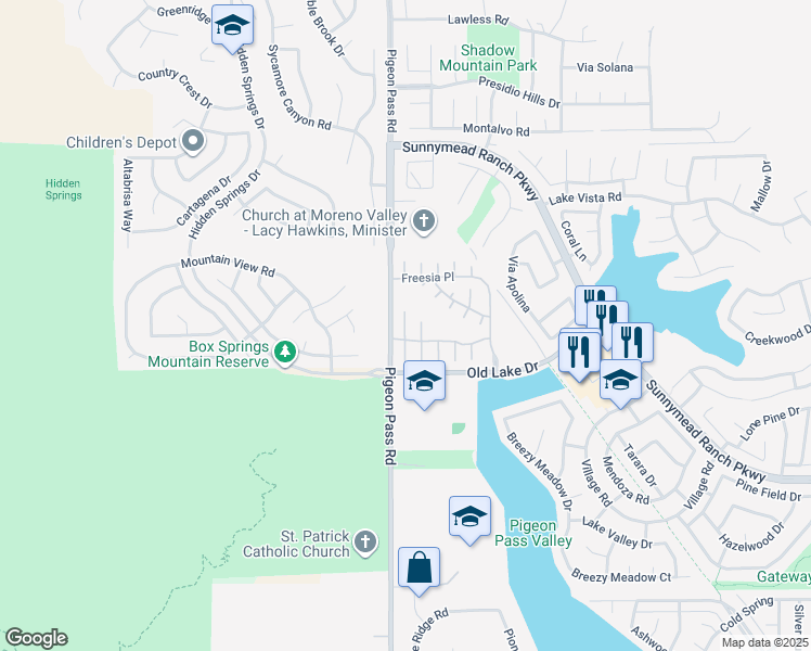 map of restaurants, bars, coffee shops, grocery stores, and more near 10546 Sparrow Court in Moreno Valley