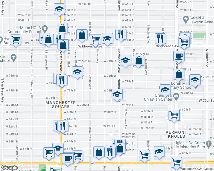 map of restaurants, bars, coffee shops, grocery stores, and more near 7710 South Halldale Avenue in Los Angeles