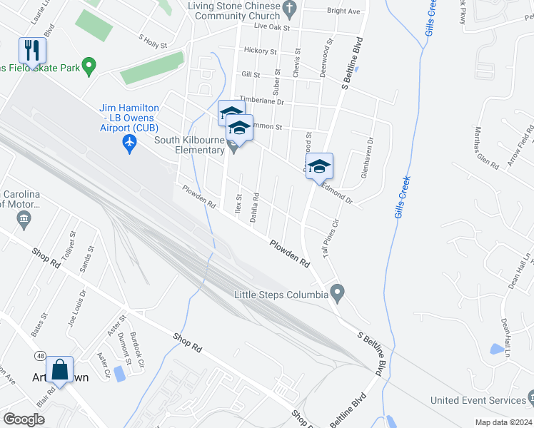 map of restaurants, bars, coffee shops, grocery stores, and more near 1509 Aralia Drive in Columbia