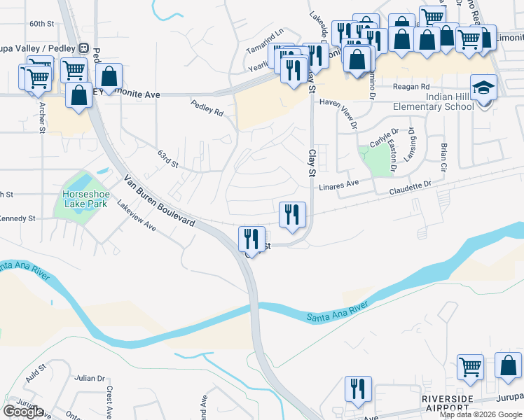 map of restaurants, bars, coffee shops, grocery stores, and more near 8401 Peachwillow Court in Jurupa Valley
