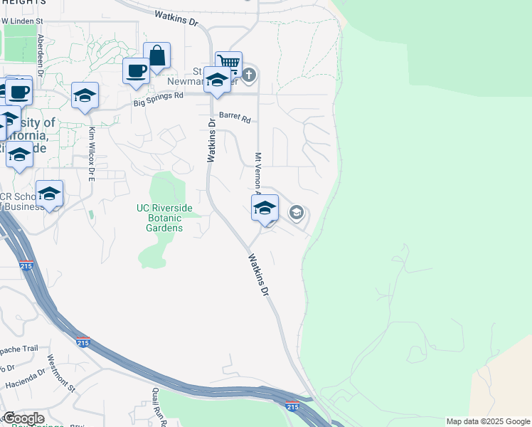 map of restaurants, bars, coffee shops, grocery stores, and more near 4466 Mount Vernon Avenue in Riverside