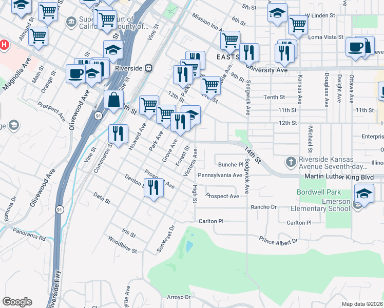 map of restaurants, bars, coffee shops, grocery stores, and more near in Riverside