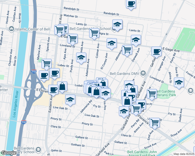 map of restaurants, bars, coffee shops, grocery stores, and more near 6847 Jaboneria Road in Bell Gardens