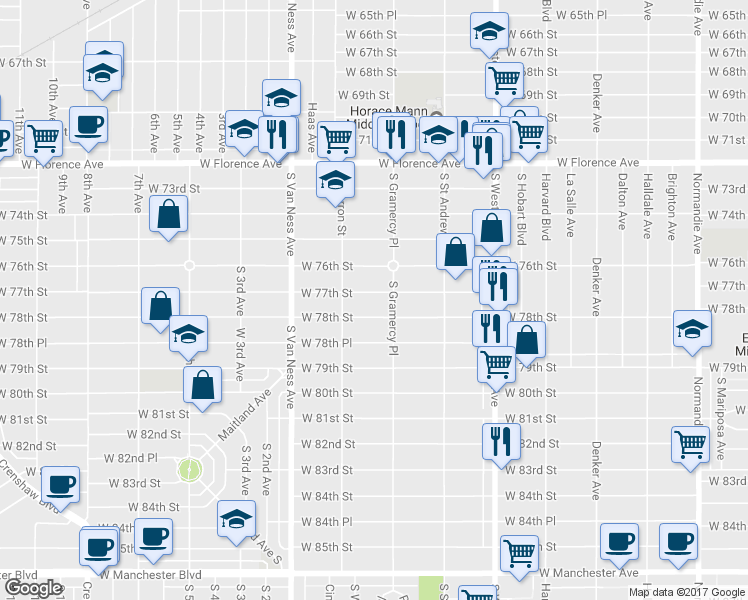 map of restaurants, bars, coffee shops, grocery stores, and more near 2012 West 78th Street in Los Angeles